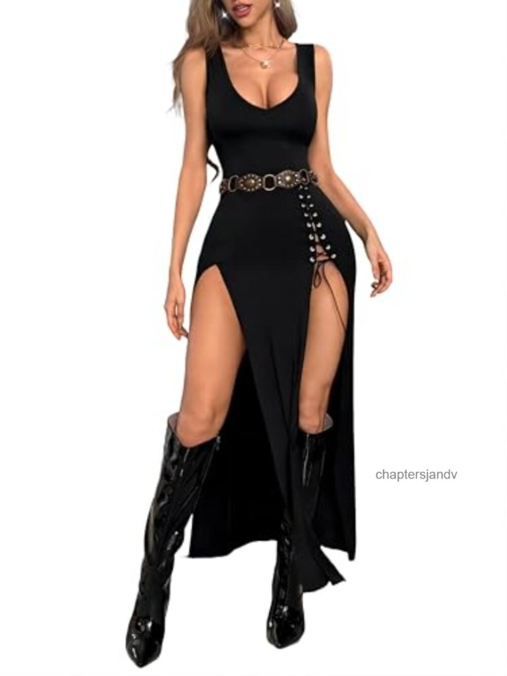 Womens High Slit Sleeveless V Neck Bodycon Maxi Club Party Dress